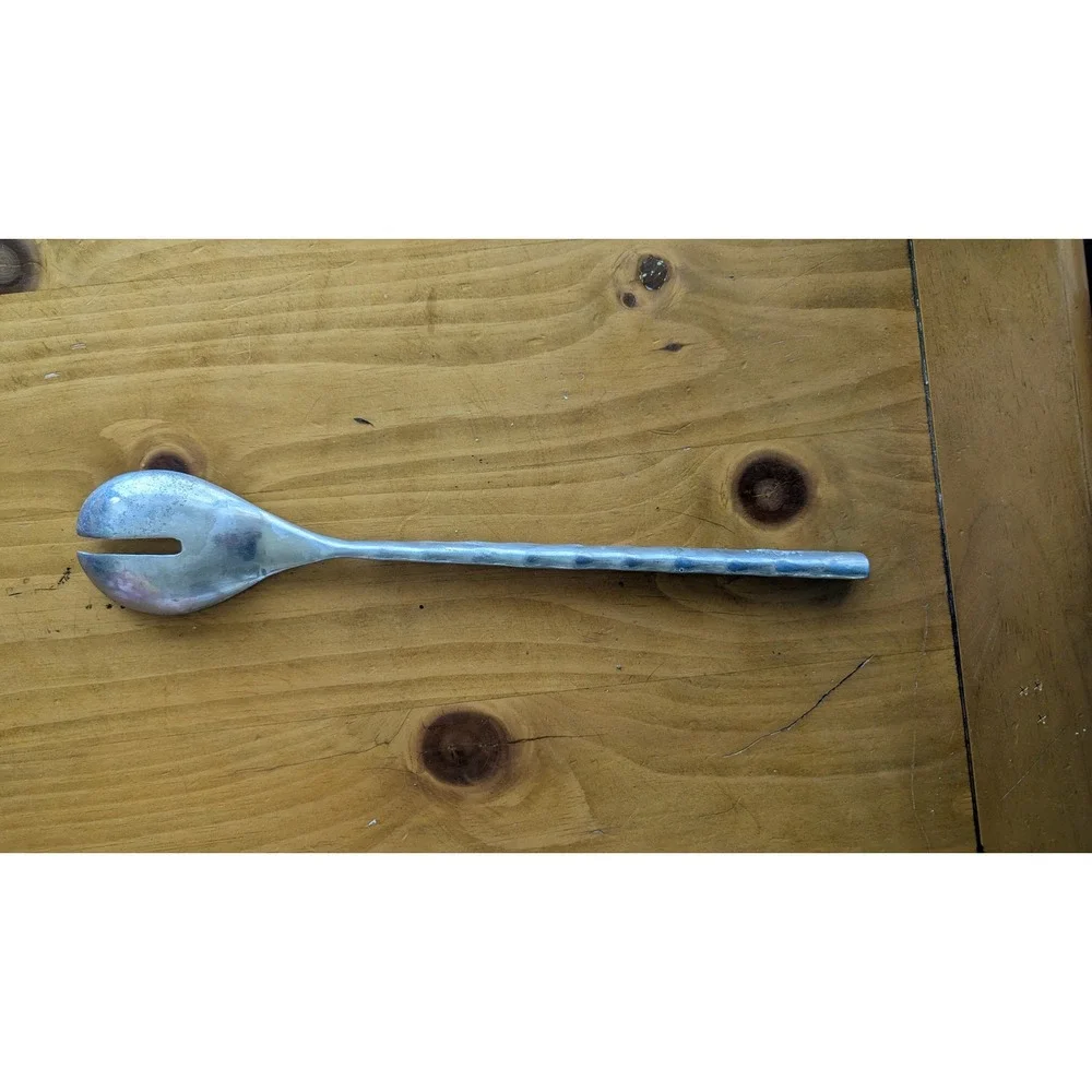 Hammered Metal Salad Serving Fork‎ Long Bamboo Style Handle Silver 15.5 Inch